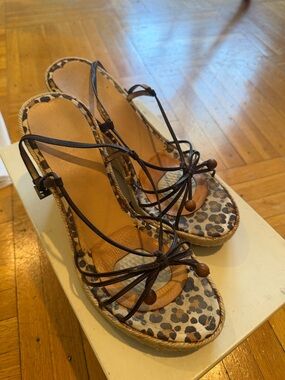Leopard Print Wedge Sandals with Brown Straps